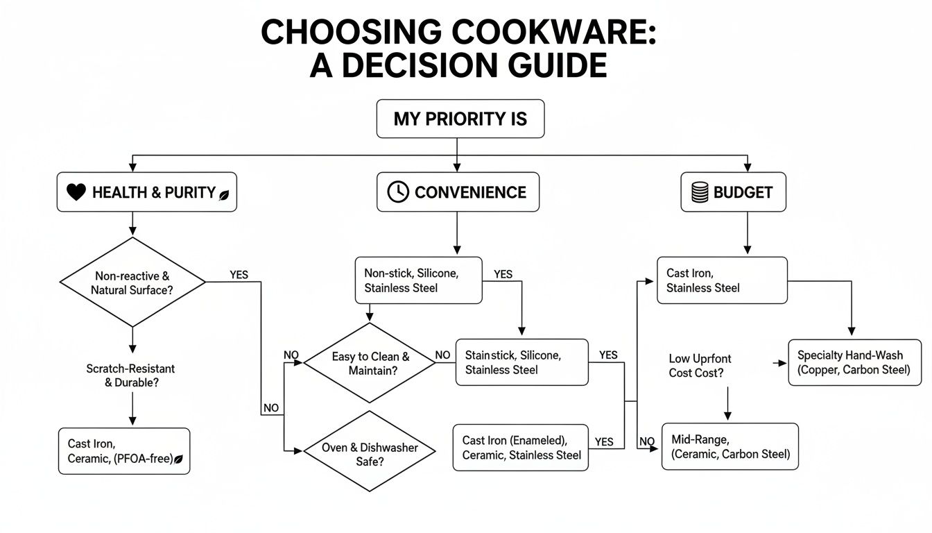 A decision guide flowchart for choosing cookware based on priorities like health, convenience, or budget.