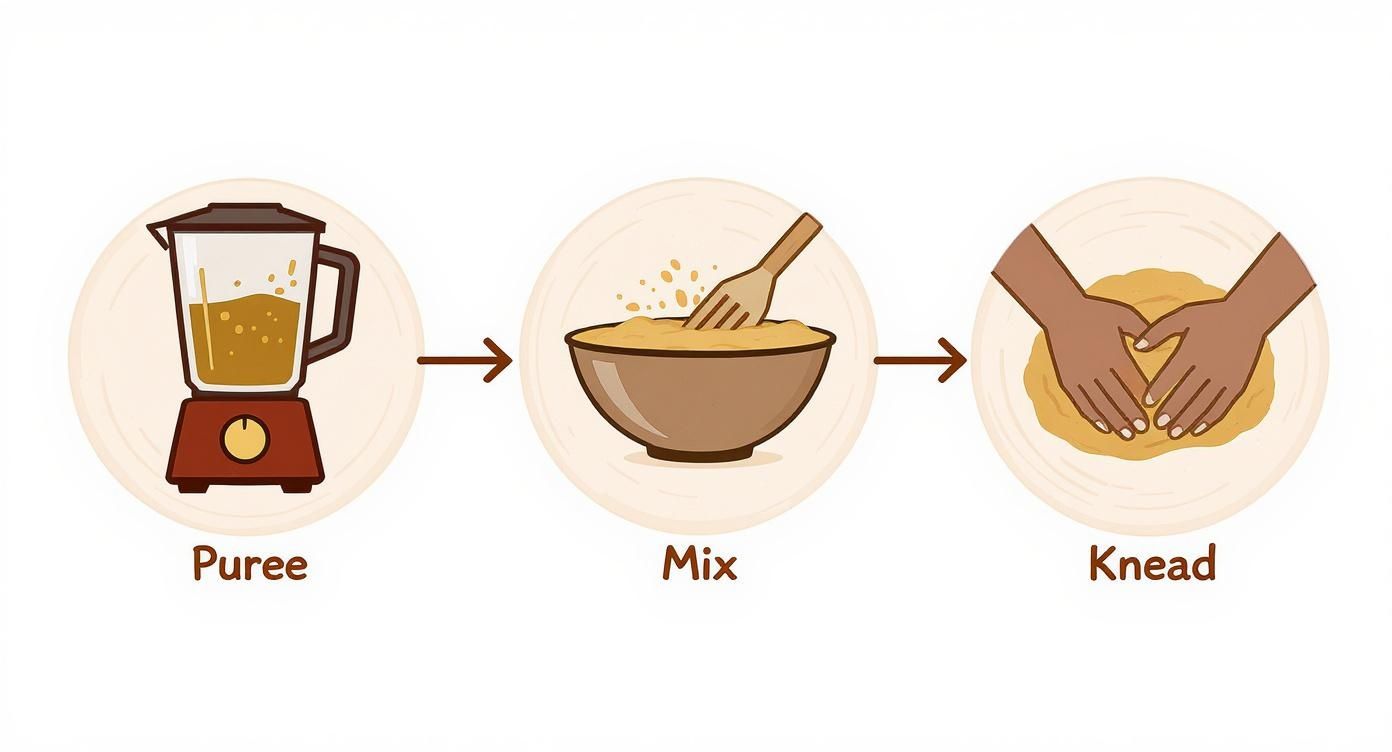Three-step bread making process illustration showing puree in blender, mixing in bowl, and kneading dough