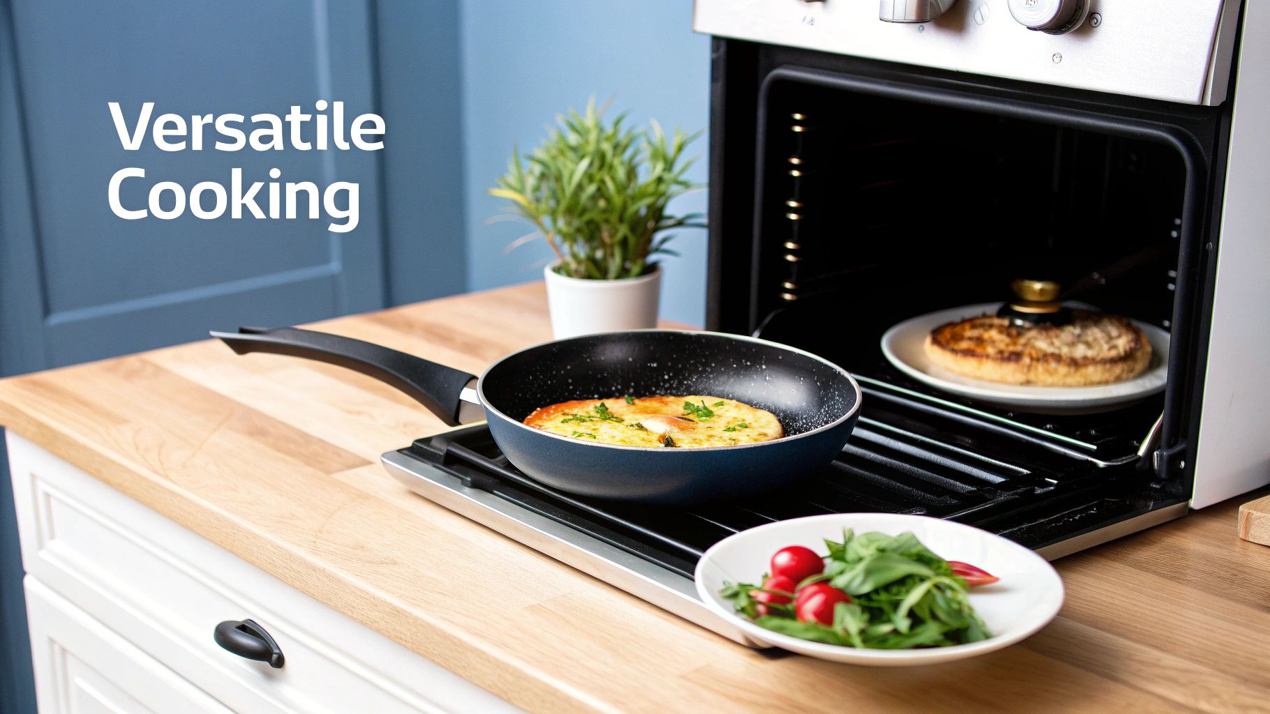 A kitchen scene showcasing versatile cooking with a frying pan, an open oven, and fresh salad.