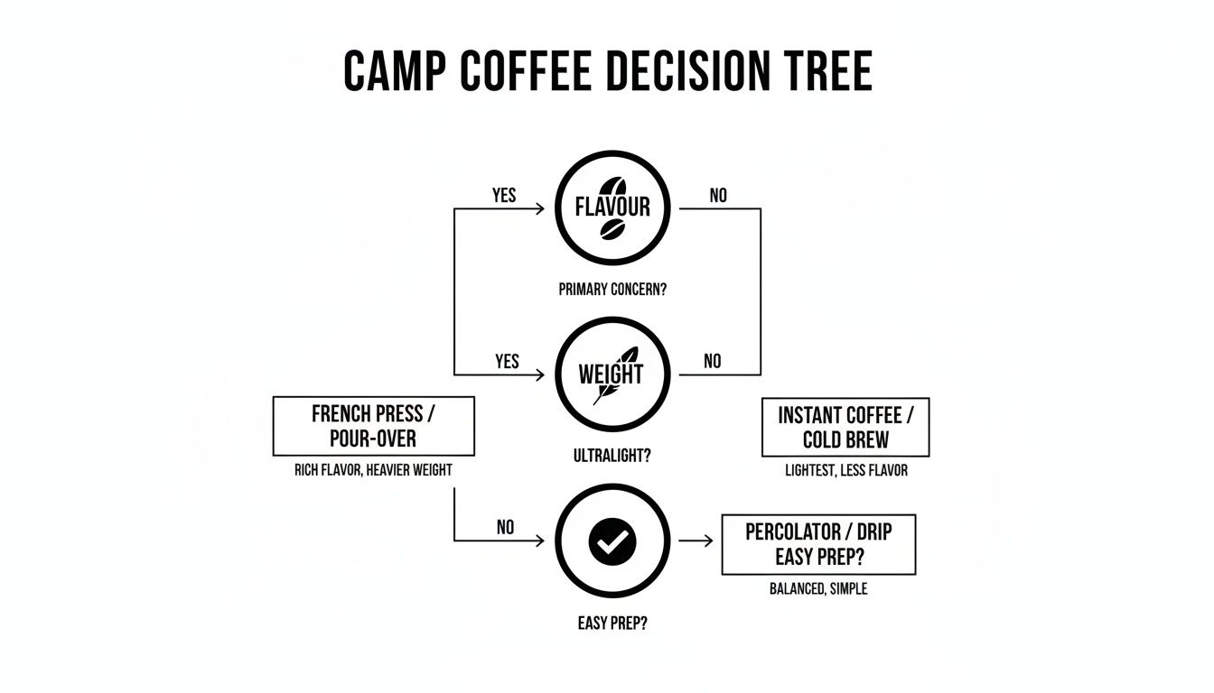 A flowchart decision tree for camp coffee, guiding users to choose methods based on flavor, weight, and ease of preparation.