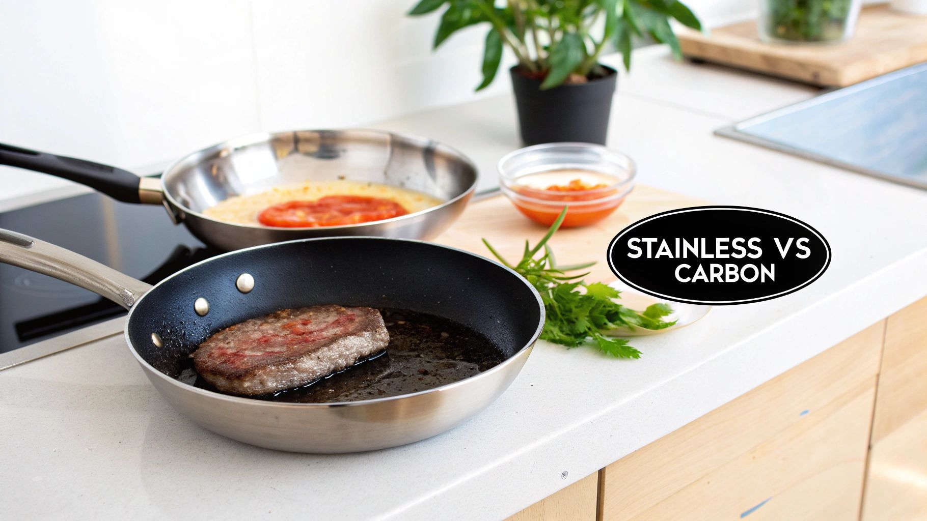 Two frying pans, one stainless steel and one carbon steel, cooking a steak and an egg dish.