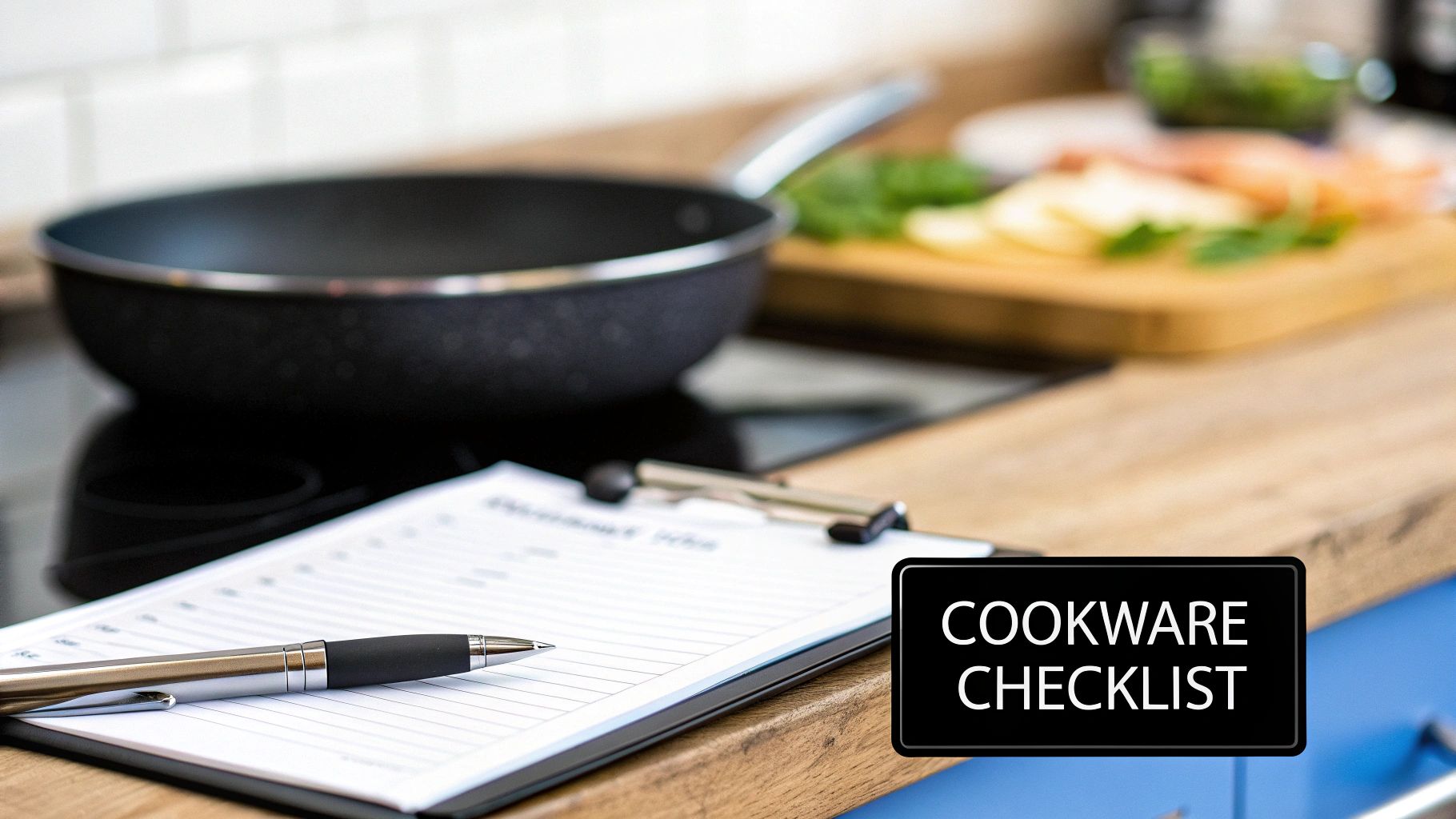A kitchen counter with a frying pan, cooking ingredients, a clipboard with a pen, and a 'Cookware Checklist' sign.