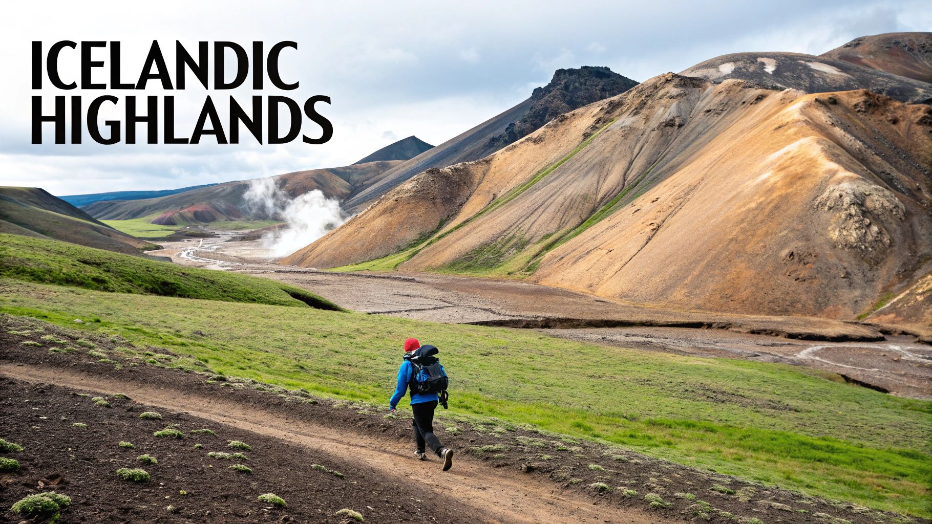 Hiker with backpack trekking through colorful volcanic mountains in Icelandic Highlands geothermal landscape