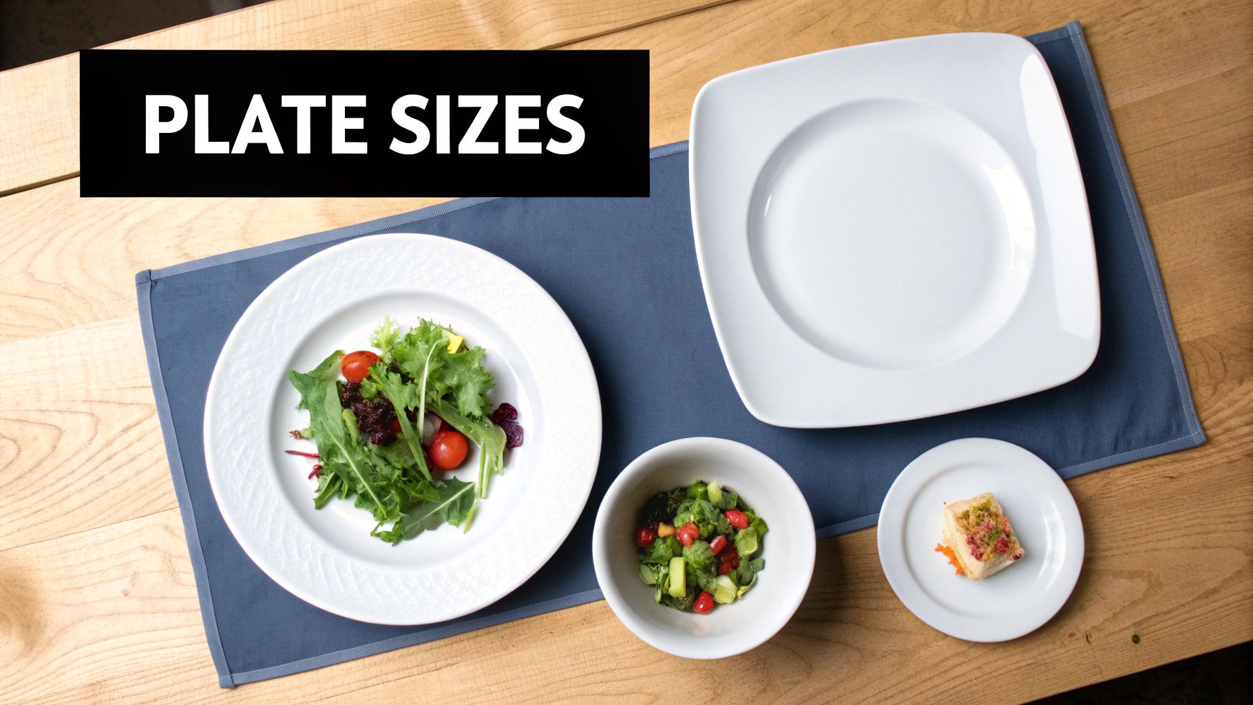 An overhead view showcasing various white plates and bowls of different sizes on a wooden table.