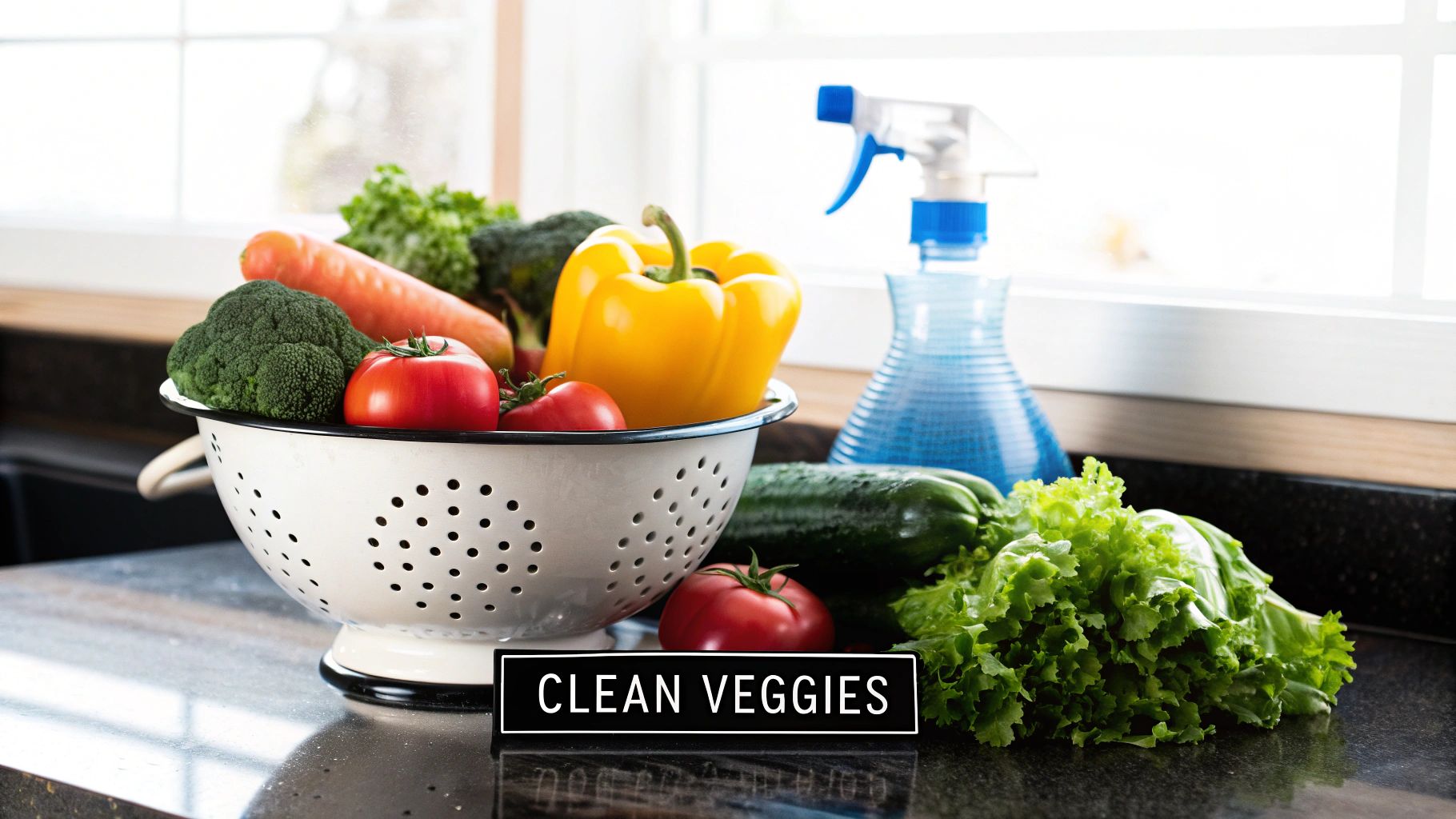 A person spraying a diluted solution of hydrogen peroxide onto fresh vegetables in a kitchen sink.