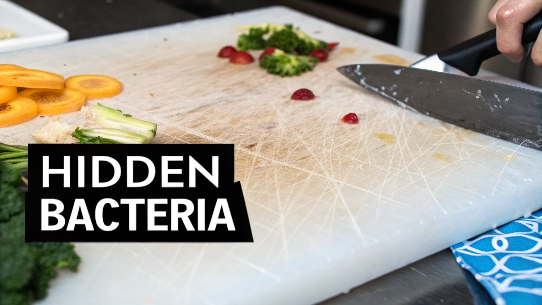 A close-up shot of a heavily scratched white plastic cutting board, showing deep grooves and discolouration.
