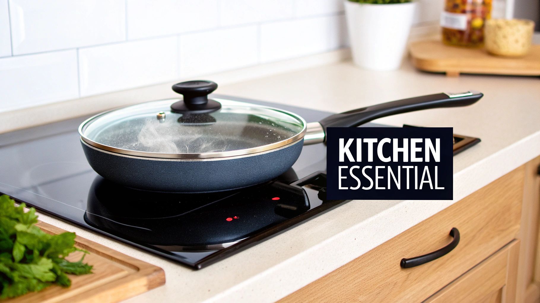 A black non-stick frying pan with a glass lid cooking on an induction cooktop.