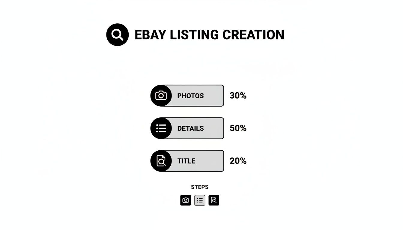 Diagram illustrating eBay listing creation steps: photos (30%), details (50%), and title (20%).