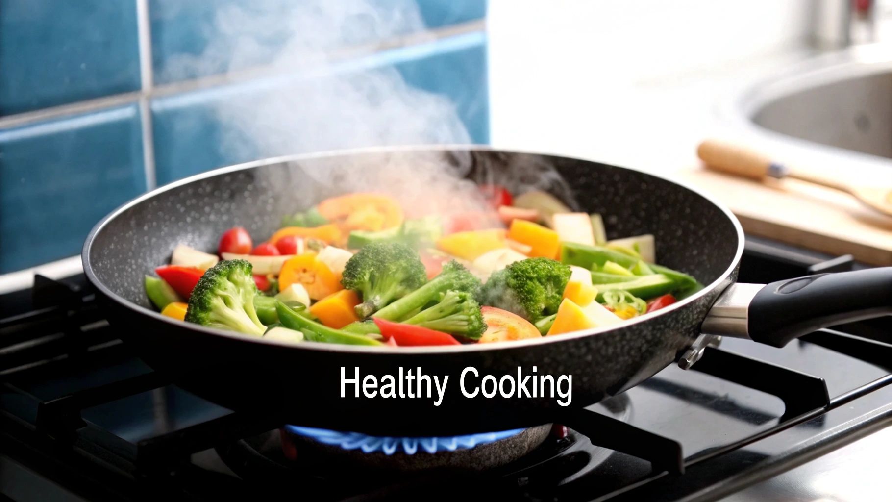 A healthy meal being prepared in a titanium non-stick pan.