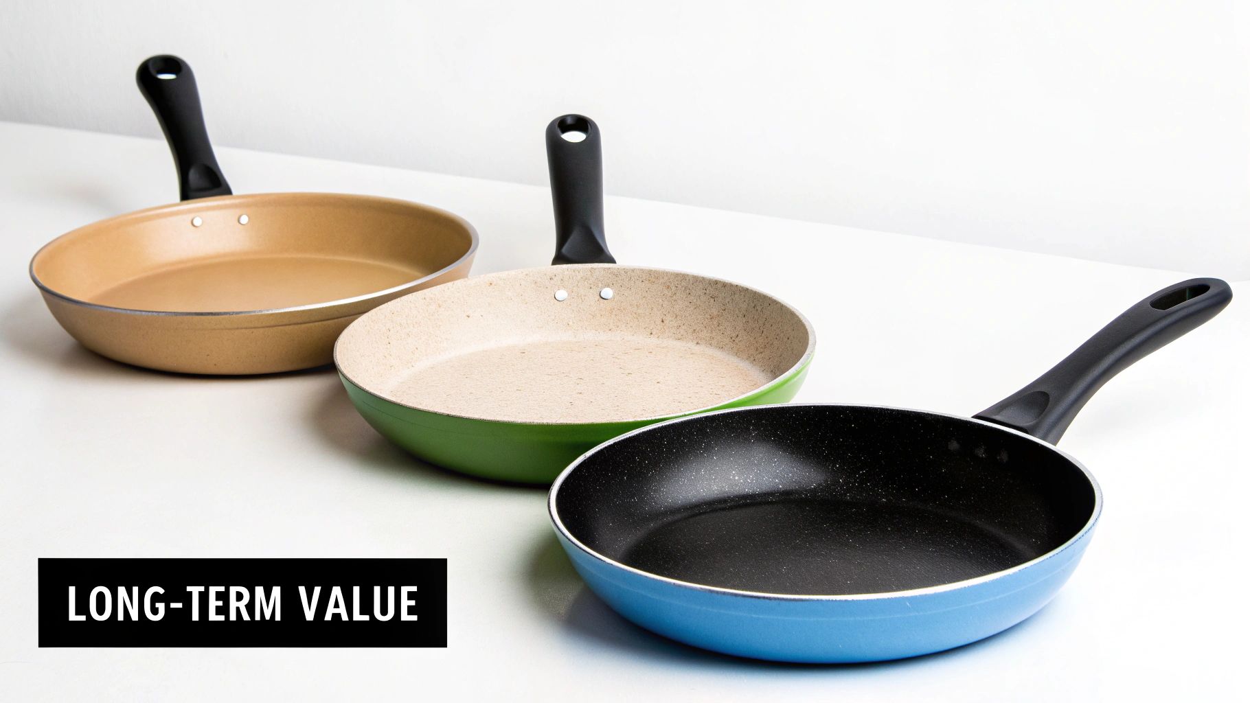 Three colorful non-stick frying pans, including gold, green, and blue, with black handles on a white background.