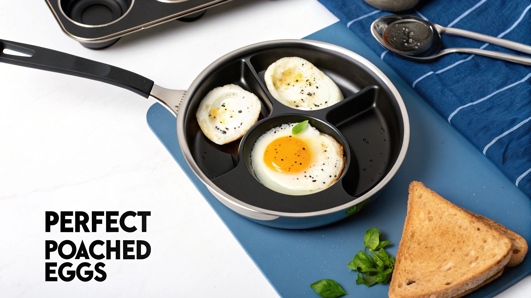 Perfectly cooked eggs, including poached and fried, in a multi-compartment pan with toast and fresh basil.