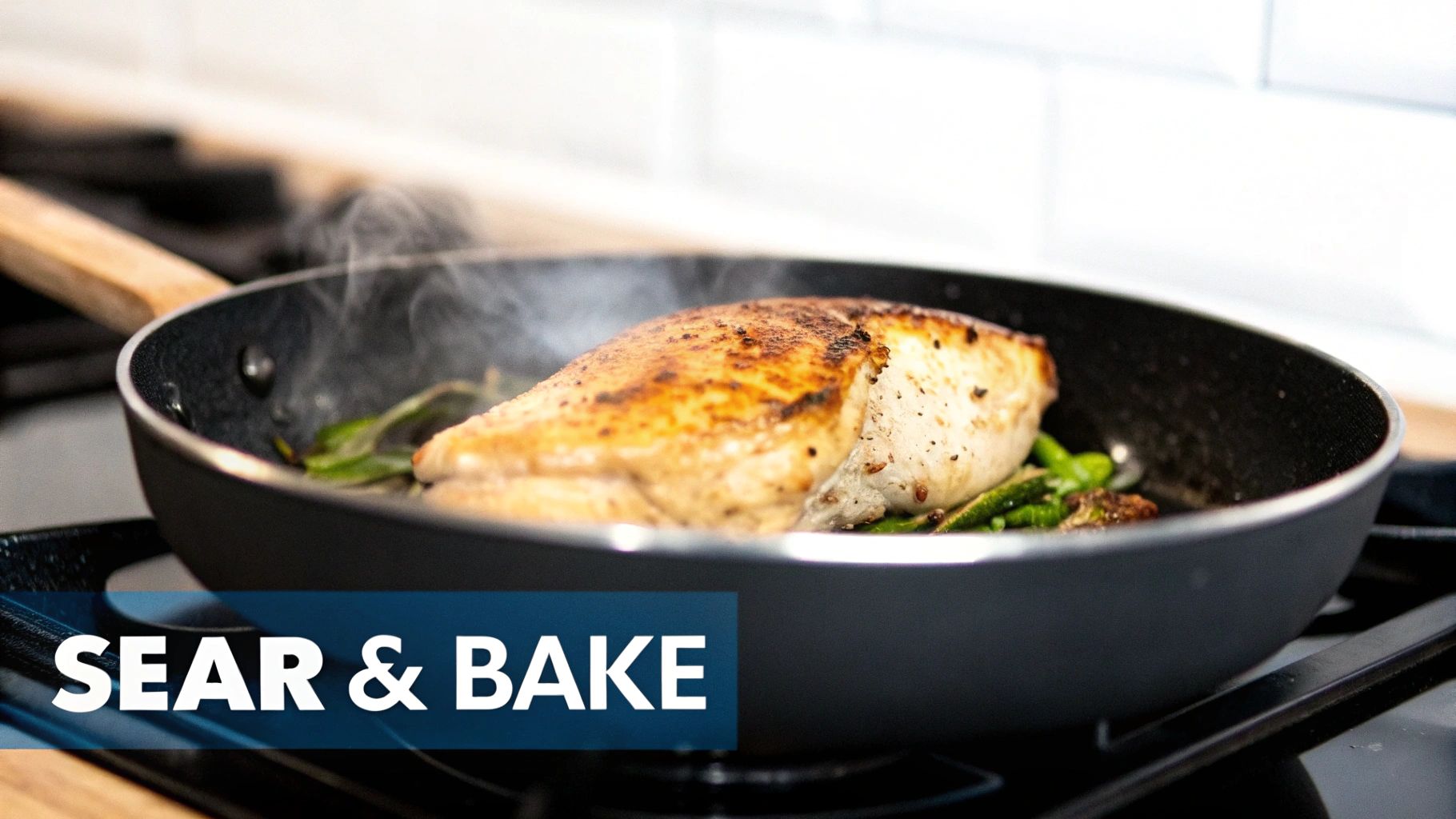 Golden-brown chicken breast searing with herbs and steam in a black pan on a stovetop burner.
