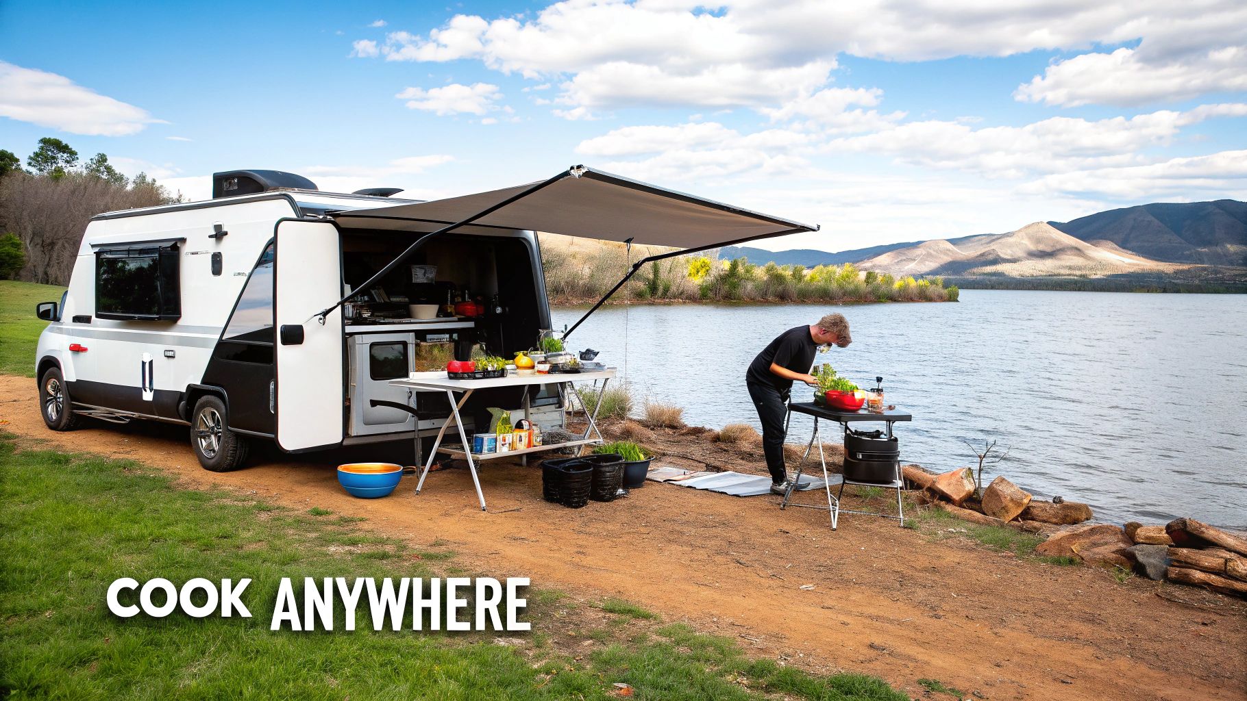 A person prepares food outdoors next to a white camper van by a lake with mountains.