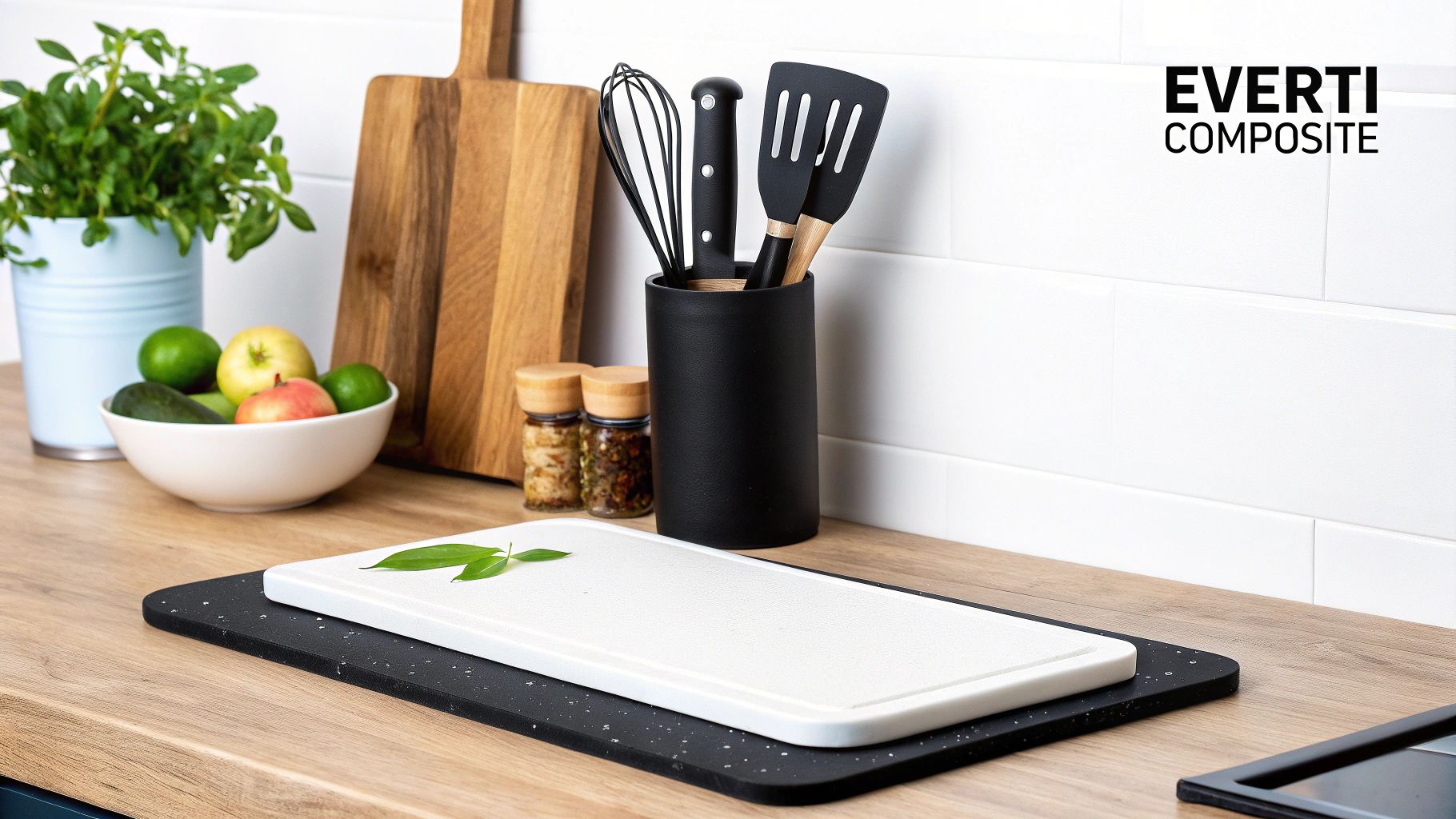 An Everti chopping board in a modern Australian kitchen, showcasing its sleek design and durability.