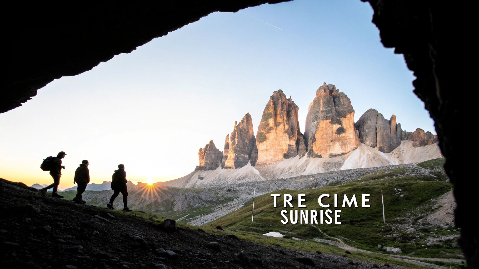 Three hikers silhouetted in cave watching sunrise over Tre Cime mountain peaks in Dolomites