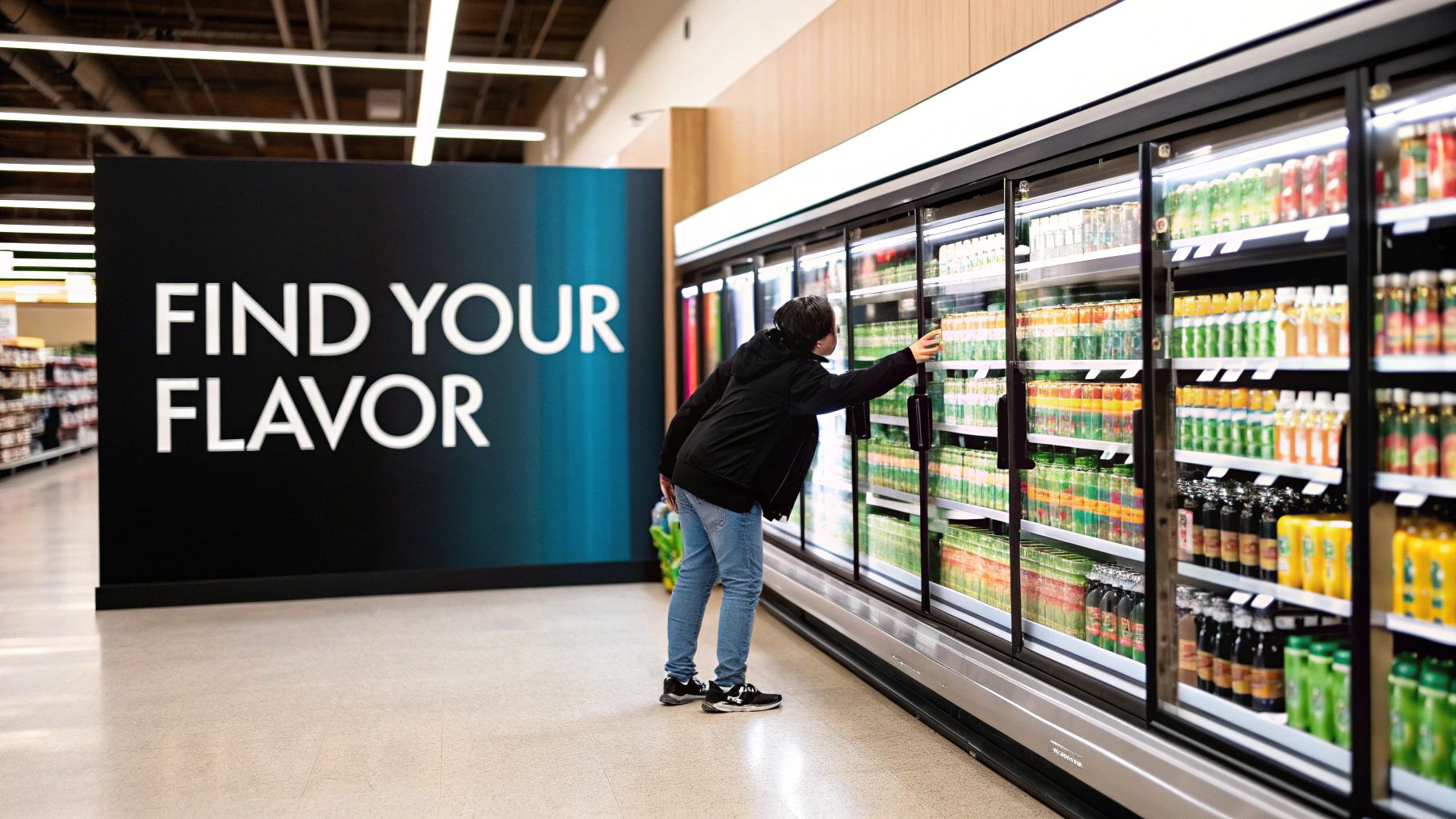 A person looks at a brightly lit refrigerated display filled with various bottled and canned beverages in a supermarket.