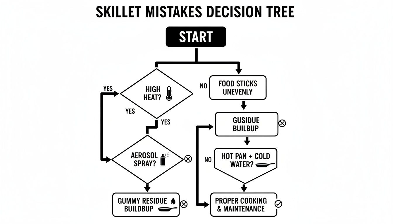 A flowchart guiding users through common skillet mistakes like high heat, aerosol spray, and residue buildup, towards proper cooking and maintenance.