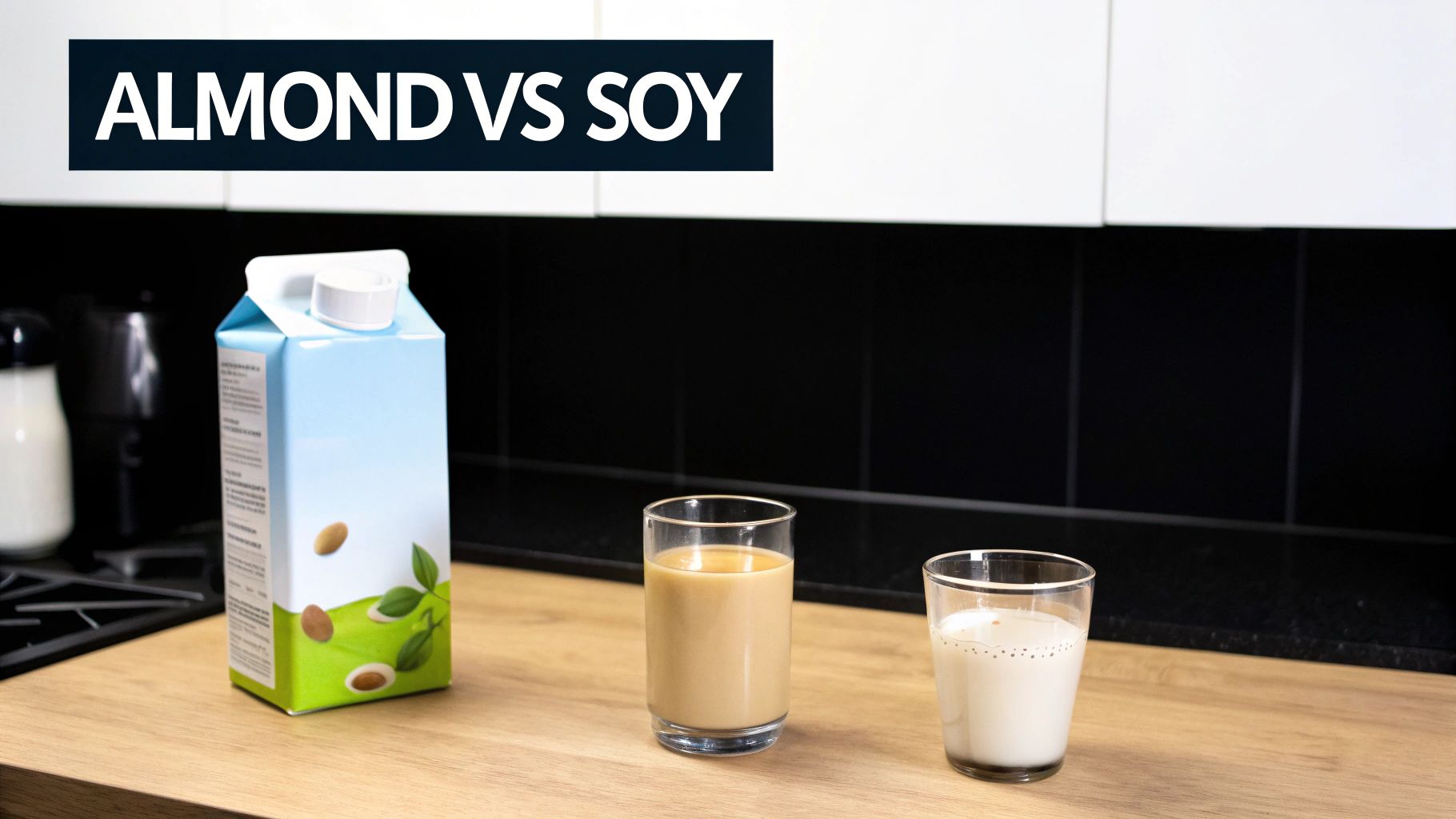 A carton of almond milk and two glasses, illustrating a comparison of almond versus soy milk.