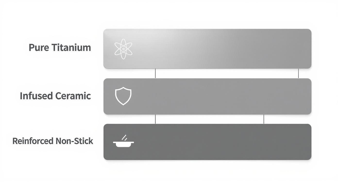 Three layer diagram showing pure titanium, infused ceramic coating, and reinforced non-stick cookware construction