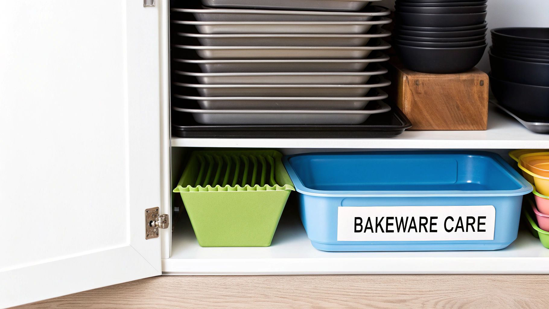 A well-organized kitchen cabinet displays stacks of baking sheets, bowls, and labeled bakeware containers.