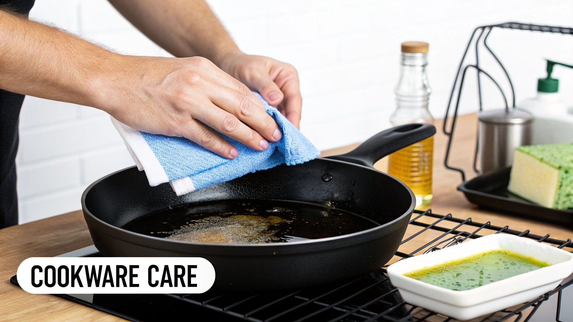 Woman seasoning a cast iron skillet with oil in a bright kitchen