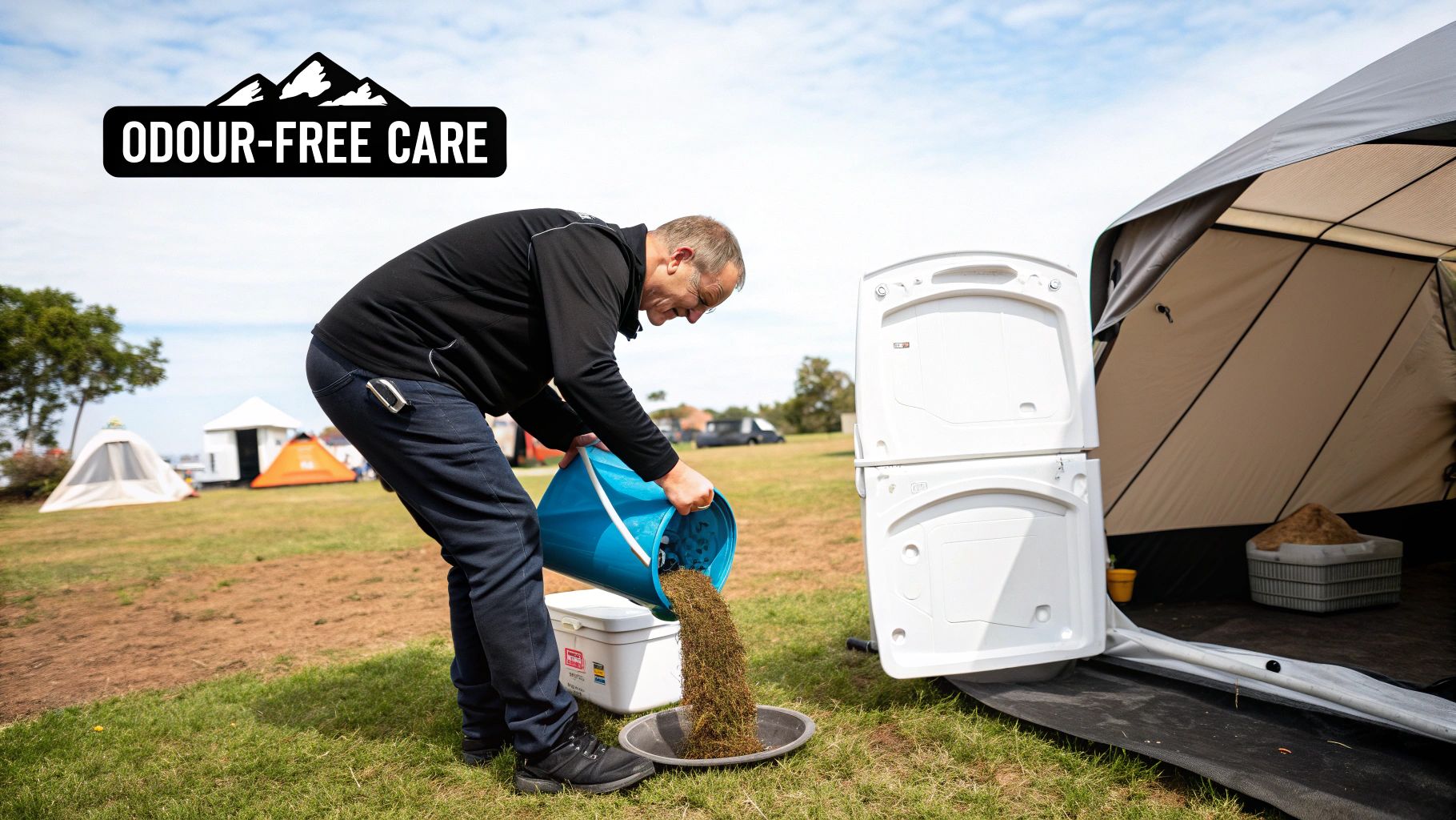 Man pours composting material from a bucket into a tray next to a camping toilet outdoors.