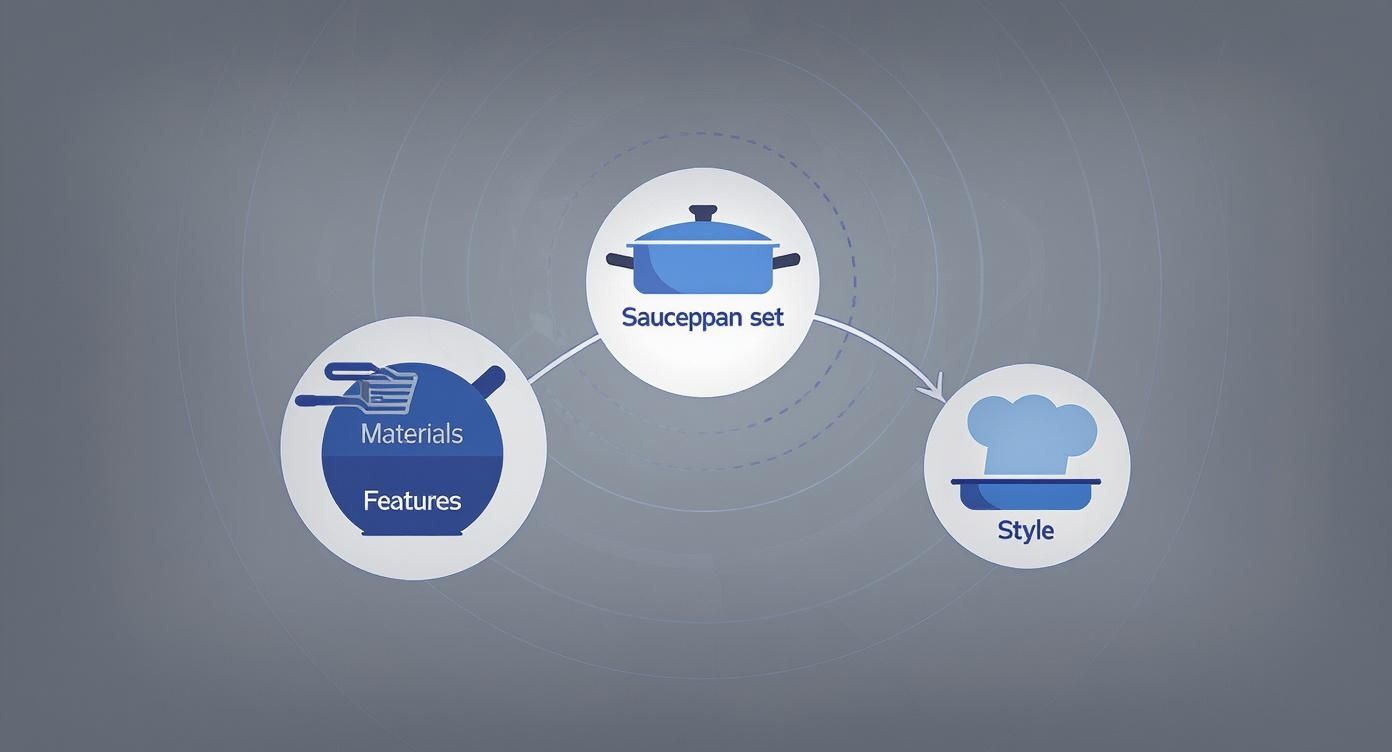 Diagram illustrating factors related to a saucepan set, including materials, features, and style.