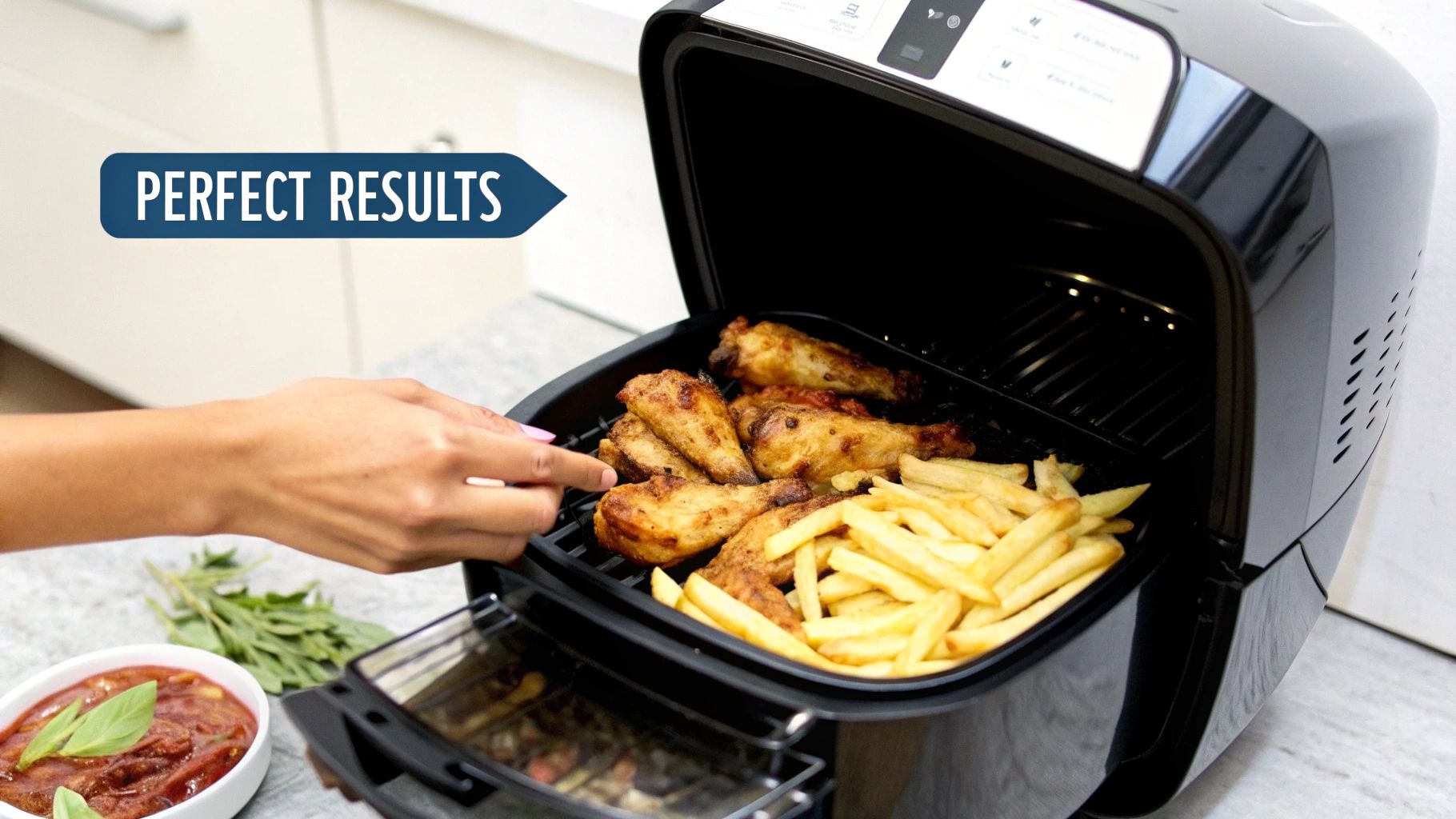 A person's hand reaches into an air fryer filled with golden chicken and crispy french fries, showing perfect results.