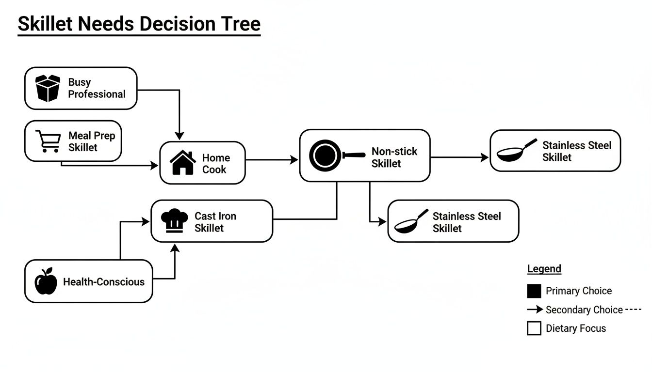 Skillet Needs Decision Tree shows choices like non-stick, cast iron, and stainless steel for various cooks.