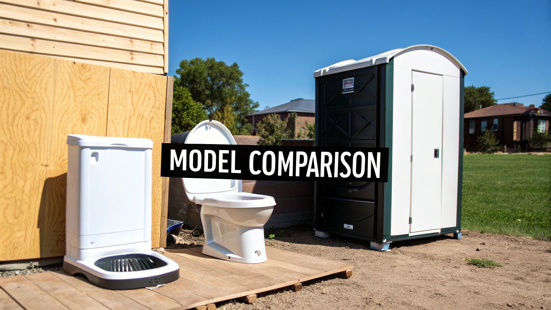 Three different outdoor toilet models, including a composting unit and a portable outhouse, displayed for comparison.