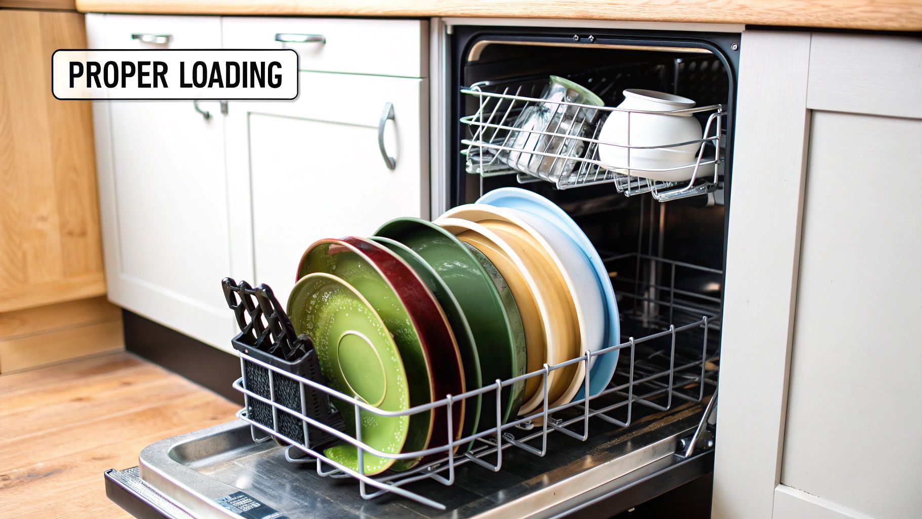 A dishwasher safe pan being placed carefully inside a dishwasher.