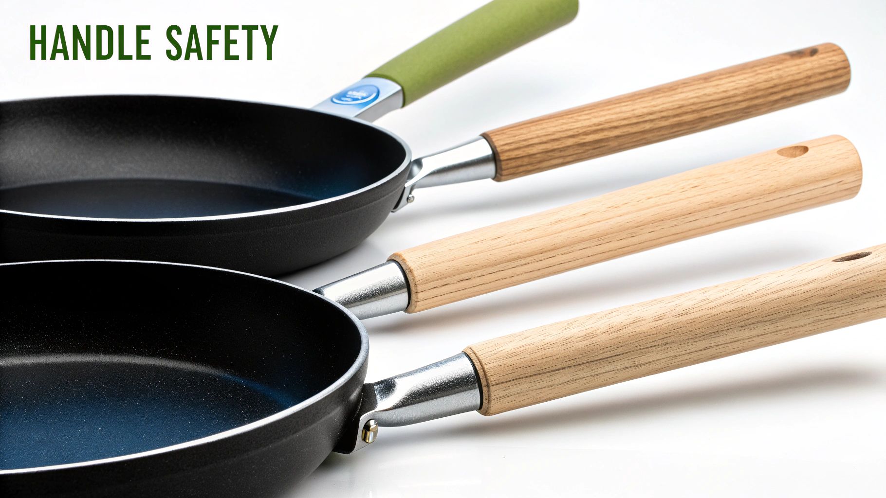 Three frying pans with different handles, including wood and green, emphasizing handle safety features.