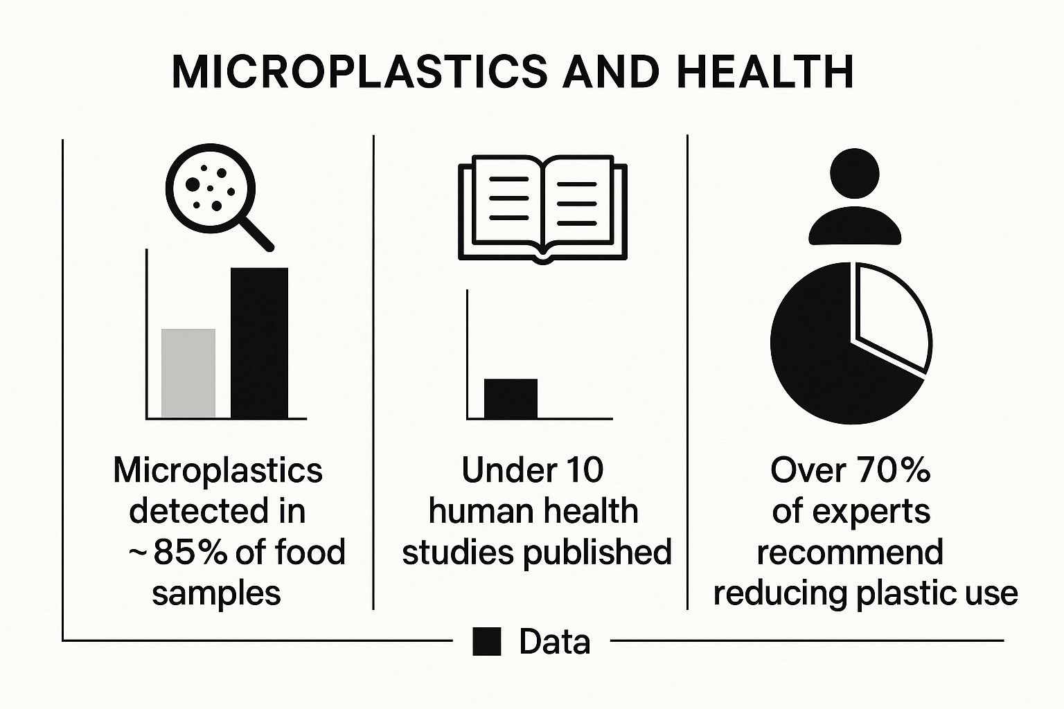 Infographic comparing microplastic detection in food, the number of human health studies, and expert recommendations.
