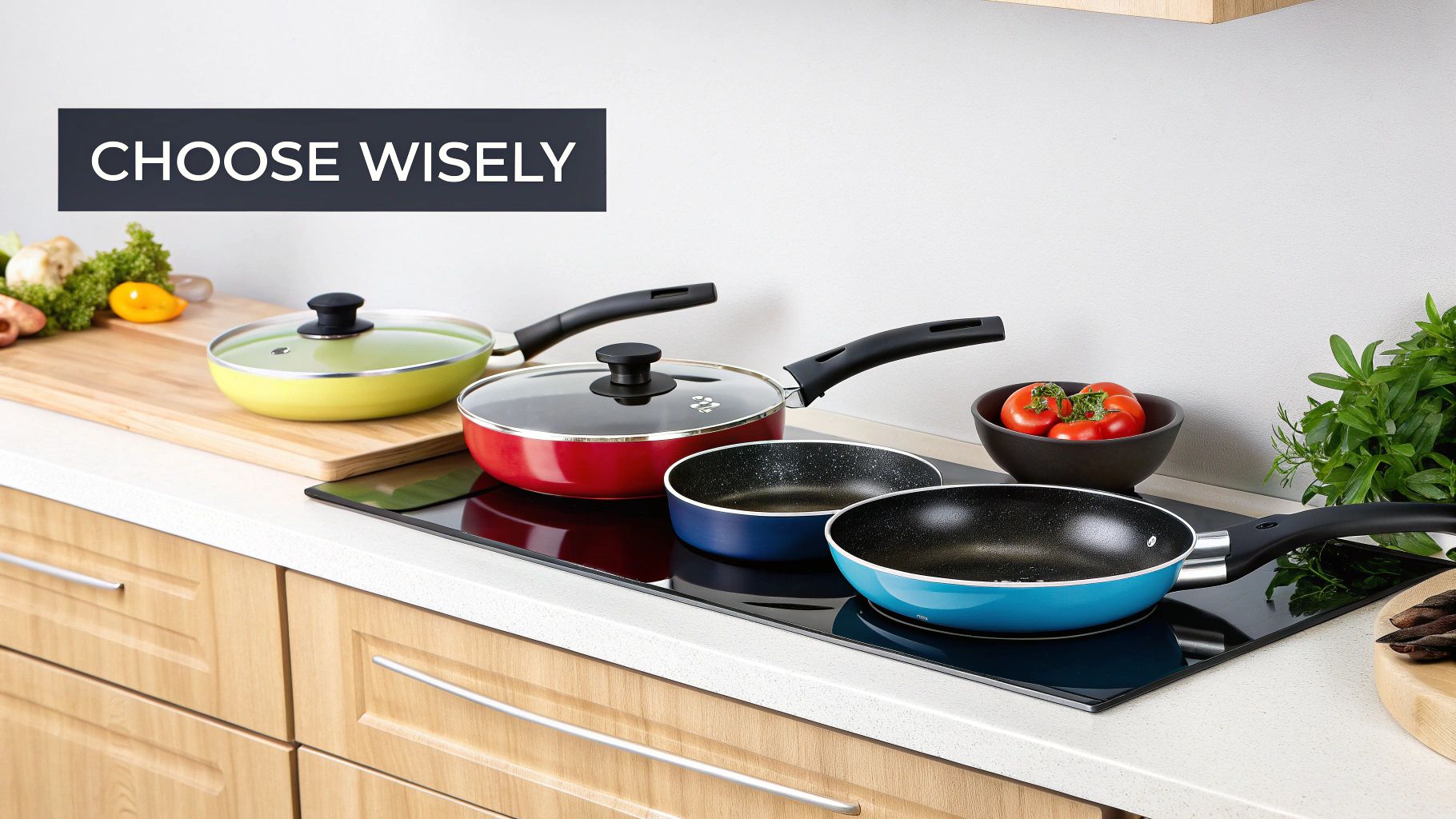 A set of modern non stick pans hanging in a clean, bright kitchen