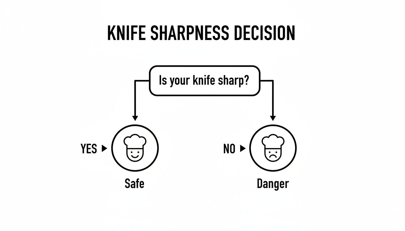 Flowchart showing that a sharp knife is safe, and a dull knife poses a danger.