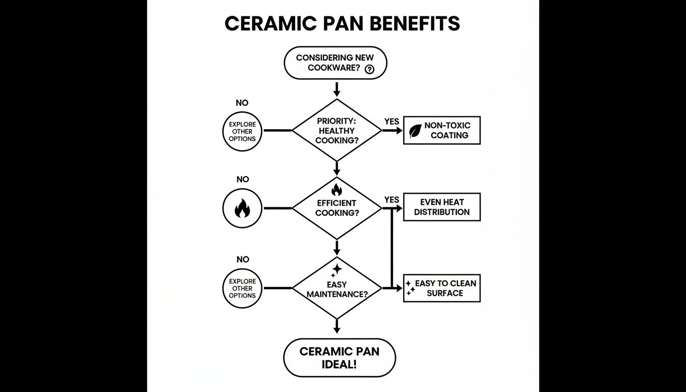 A flowchart detailing the benefits of ceramic pans, including healthy cooking, efficient heating, and easy maintenance.