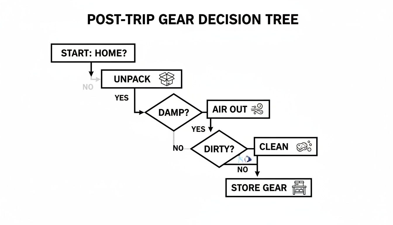 A flowchart illustrating a post-trip decision tree for managing camping gear, covering unpacking, drying, cleaning, and storage.