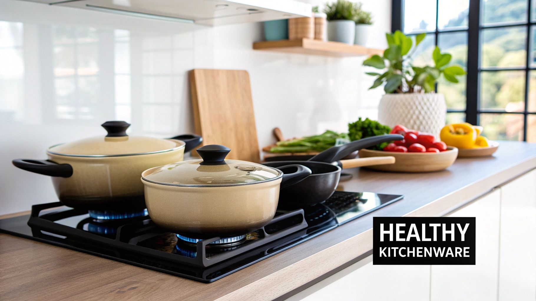 A modern kitchen featuring a sleek ceramic cookware set on the stove.