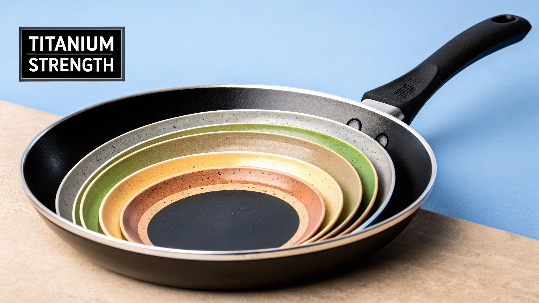 A modern titanium cookware set neatly arranged on a kitchen counter.