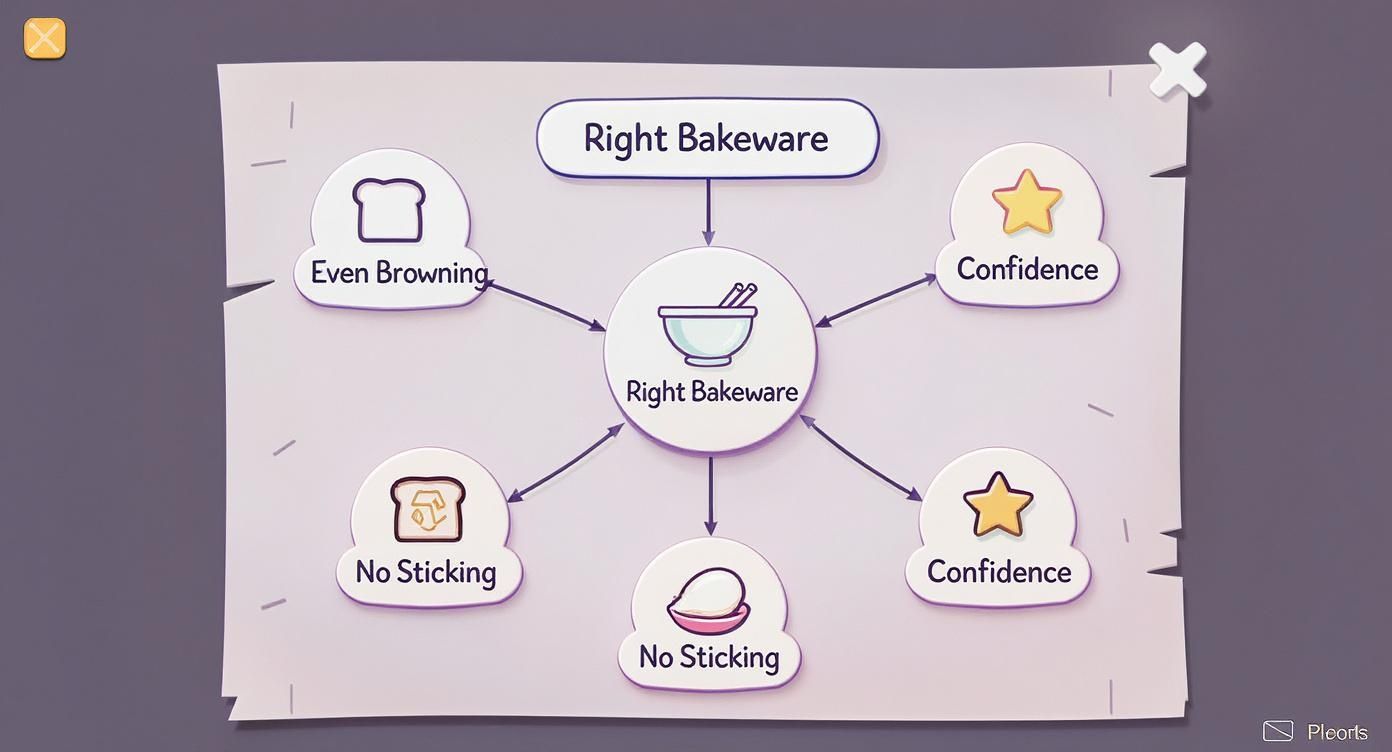 A mind map illustrating the benefits of using the right bakeware, including even browning, no sticking, and increased confidence.