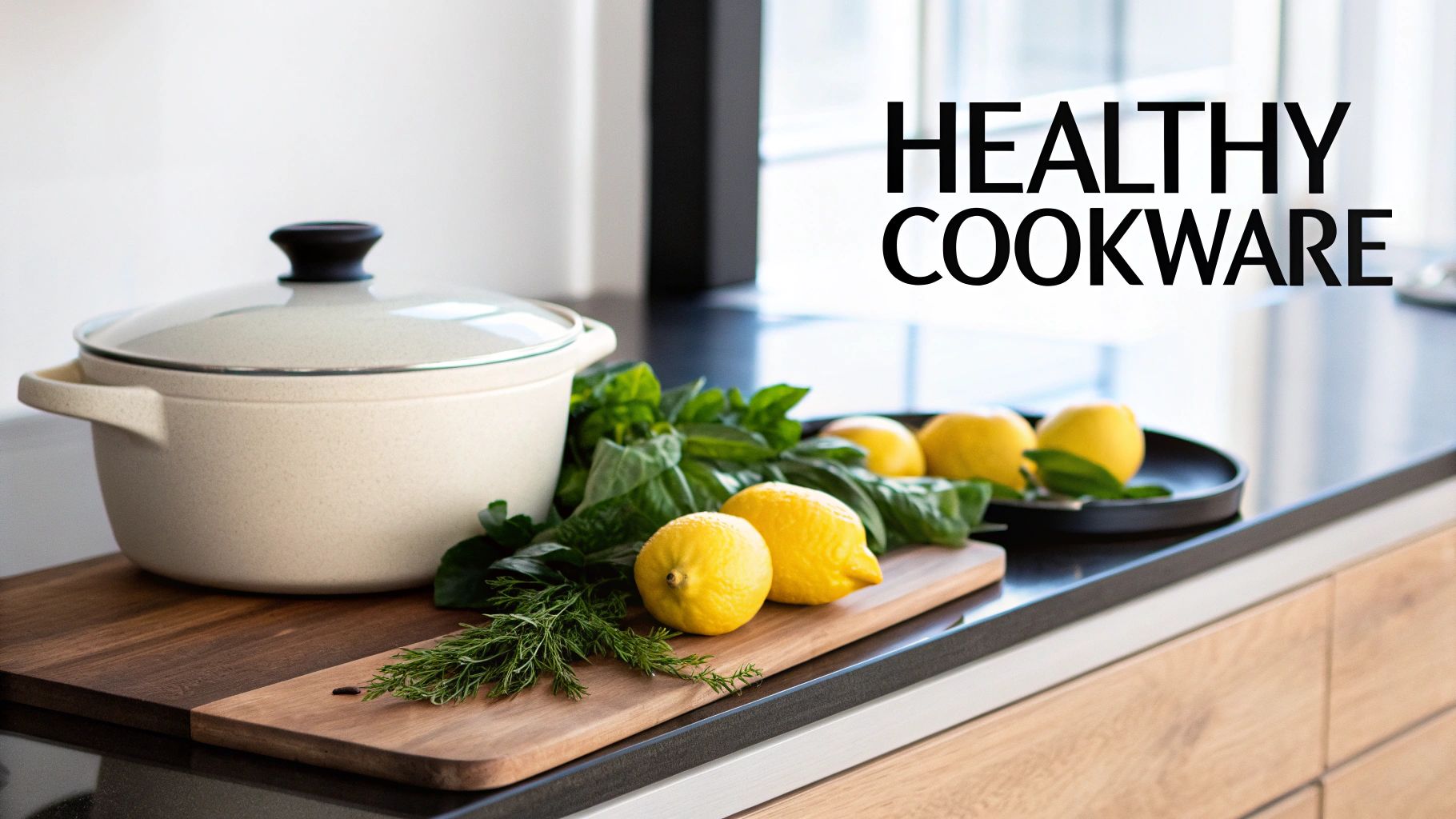 A light ceramic pot, fresh lemons, basil, and dill on wooden boards in a modern kitchen.