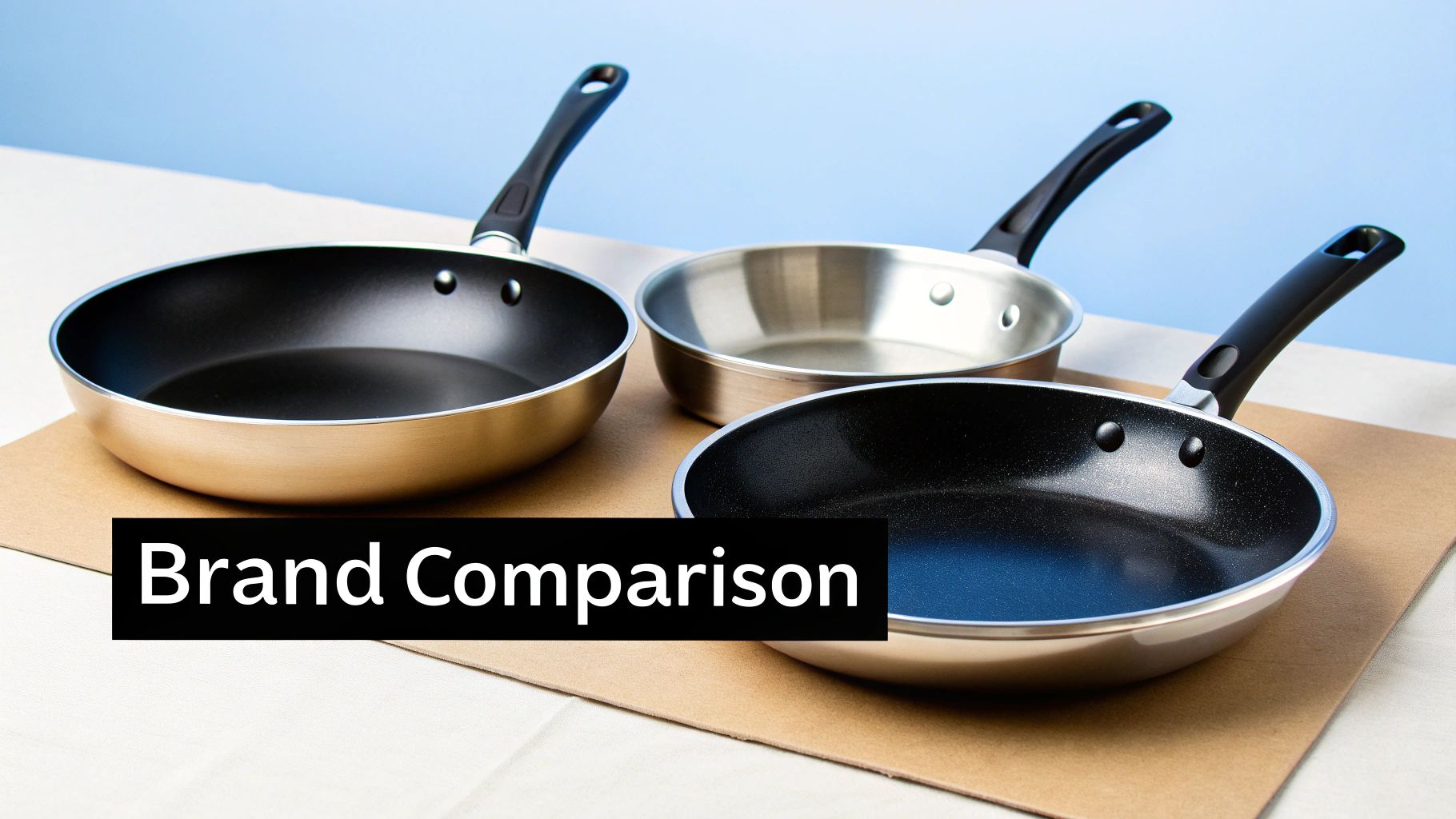 Three kitchen frying pans, including non-stick and stainless steel, for a brand comparison.