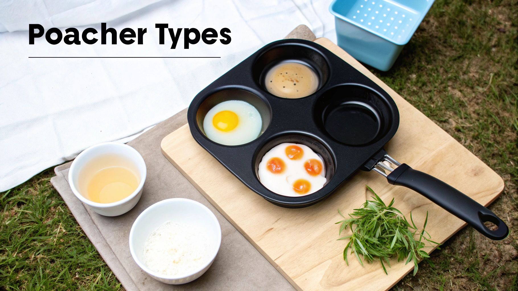 Various egg poachers on a kitchen bench