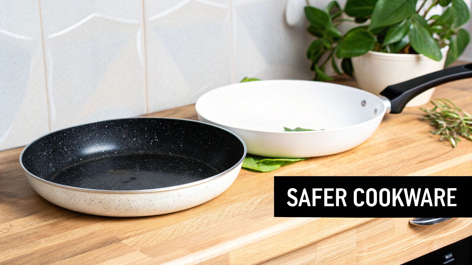 Two non-stick frying pans, one black and one white, sit on a wooden kitchen counter, promoting safer cookware.