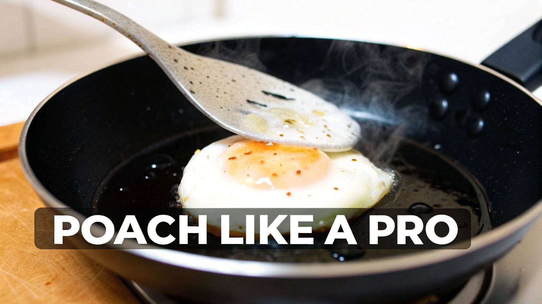 Perfect poached eggs resting on a slotted spoon