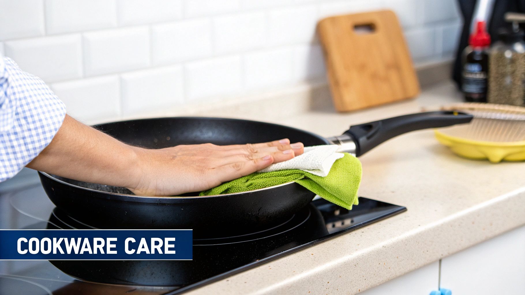 A person carefully washing a healthy cooking pan in a kitchen sink.