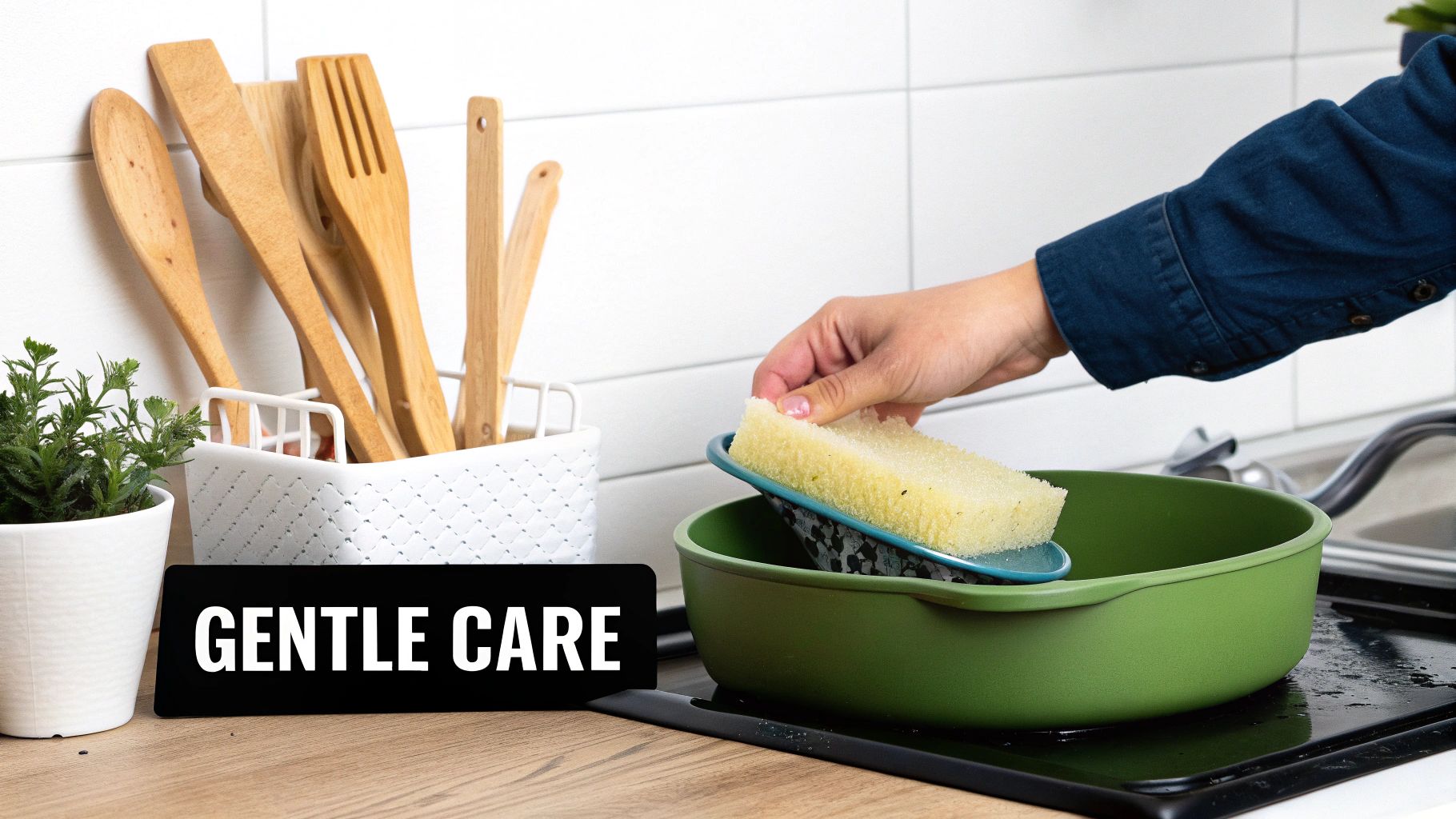 Hand holding a sponge over a green ceramic pan, with wooden utensils in a kitchen, indicating gentle care.