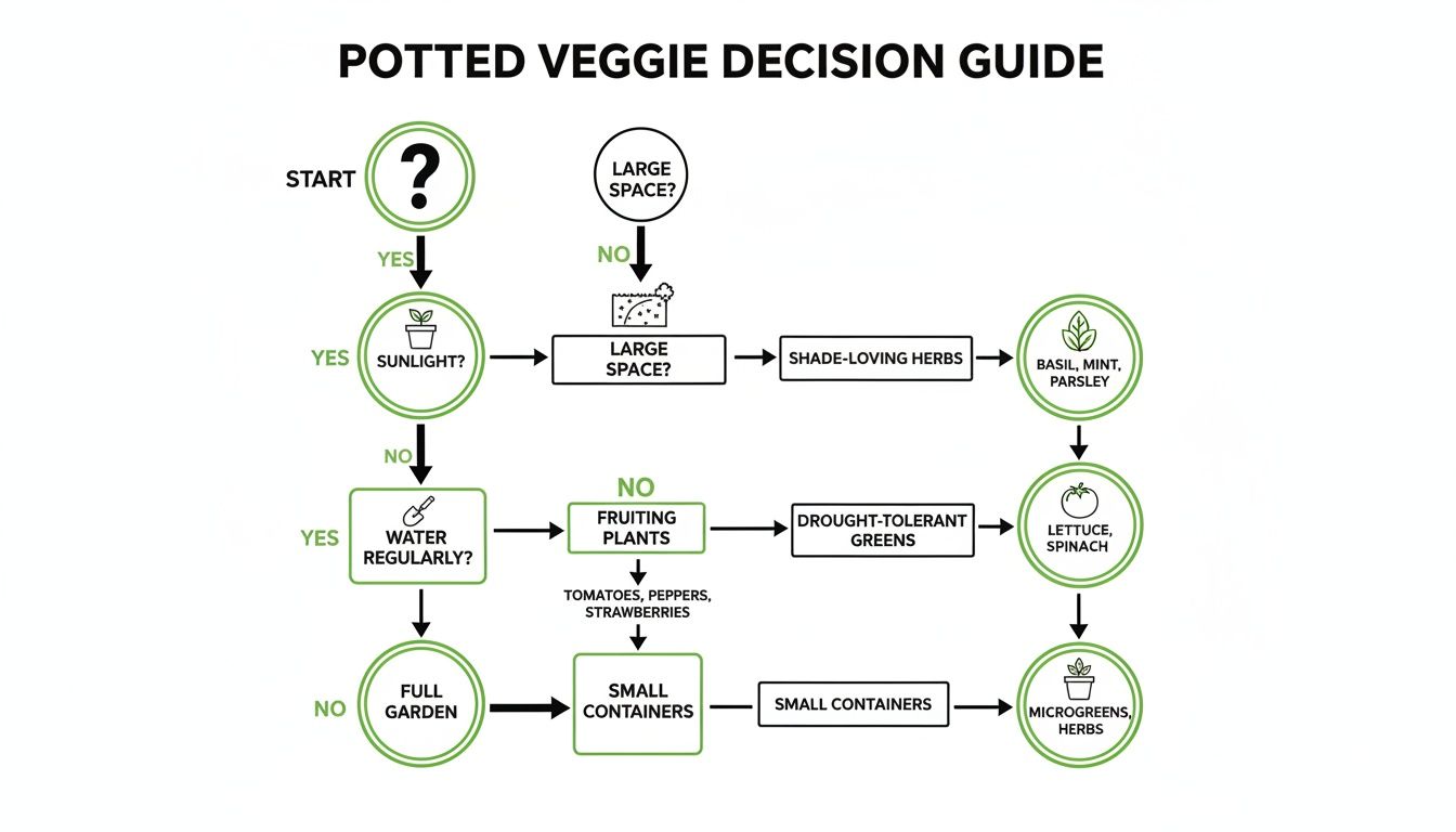 A flowchart decision guide on what vegetables and herbs to grow in pots based on available sunlight, space, and watering.