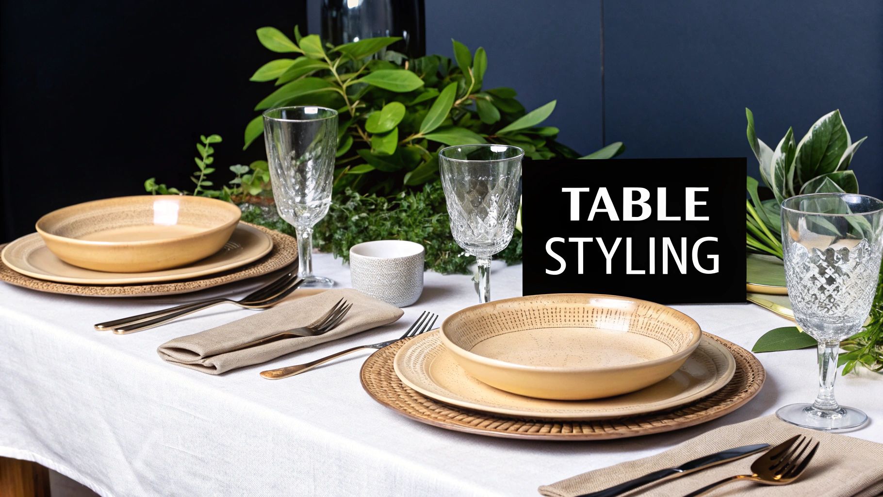 A beautifully styled table setting with beige dinnerware, gold cutlery, and clear glasses amidst green foliage.