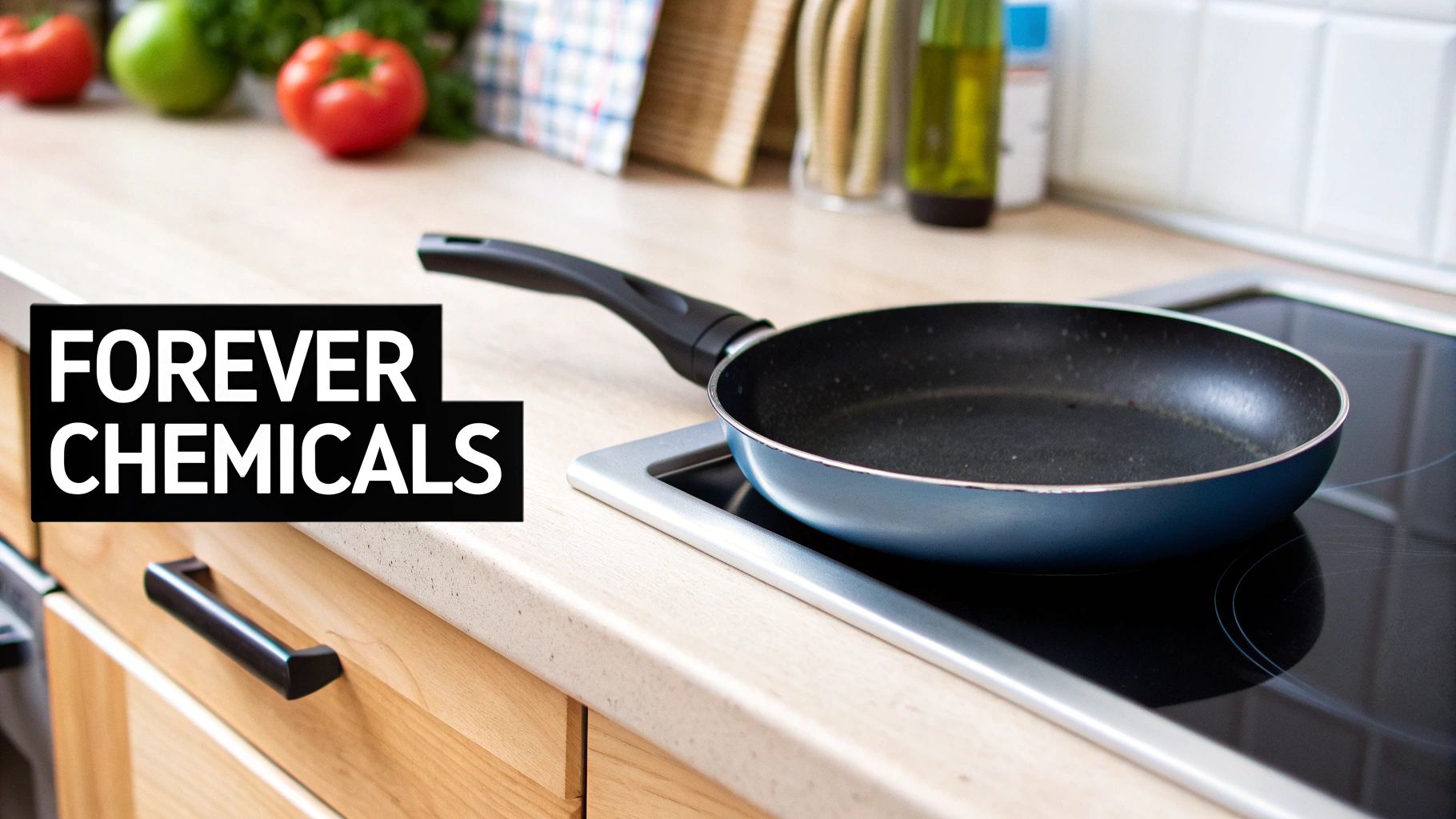 A well-used non-stick frying pan with a scratched surface, hinting at potential chemical leaching.